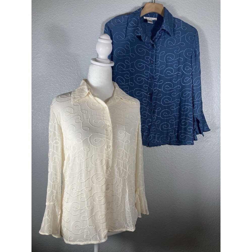 Sheer Cream Blue Women S Blouse Top Whimsical Career Lot of 2 Moonlight Bay
